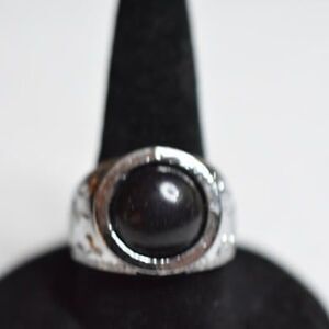 Polished Round Black Stone Engraved Silver Tone Band Goth Punk Multi Size Ring